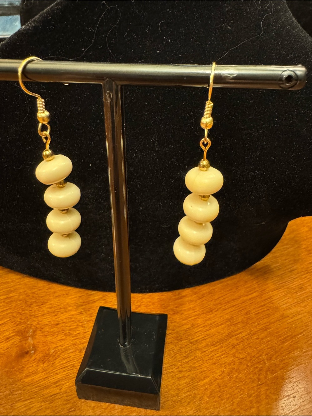 Cream Bead Drop Earrings with Gold Accents - Women's Jewelry